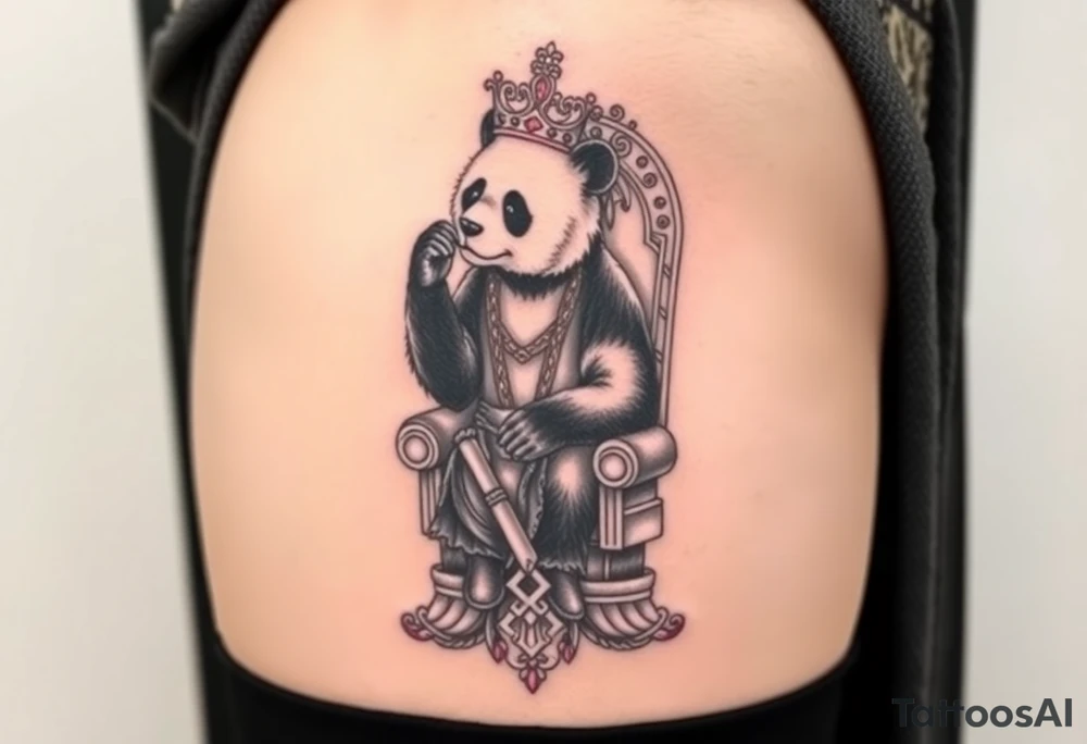 powerful superior panda with a crown, sexy princess on a throne looking down at her worshippers tattoo idea