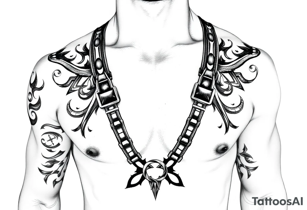 straps made of tribal designs around arms and shoulders tattoo idea