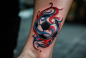 A tribal black soccer ball with intricate red and blue swirls around it. tattoo idea
