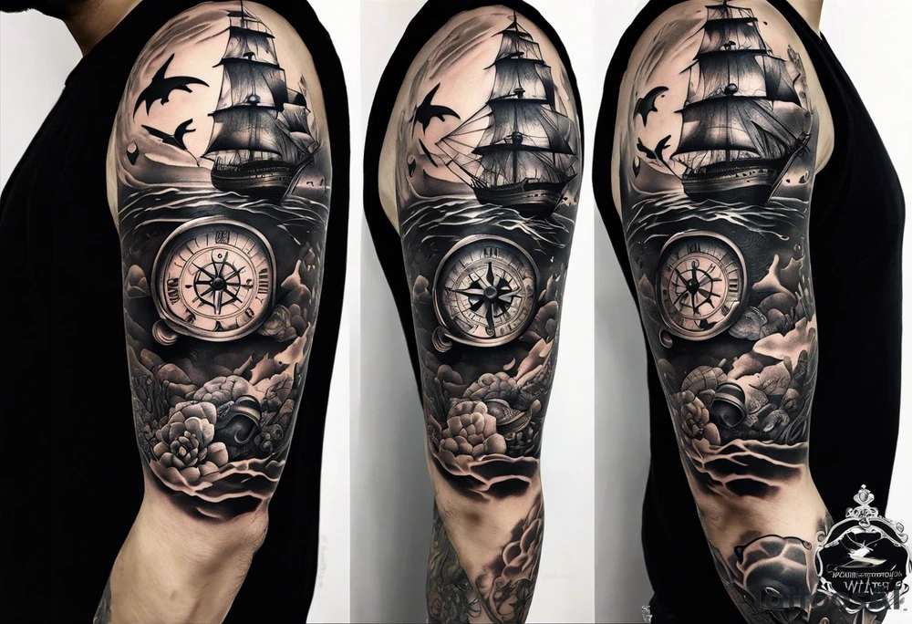 Nautical theme leg tattoo with shark, turtle, treasure map, compass, octopus, bell diver tattoo idea Nautical theme leg tattoo with shark, turtle, treasure map, compass, octopus, bell diver tattoo idea