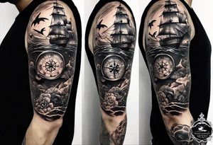 Nautical theme leg tattoo with shark, turtle, treasure map, compass, octopus, bell diver tattoo idea