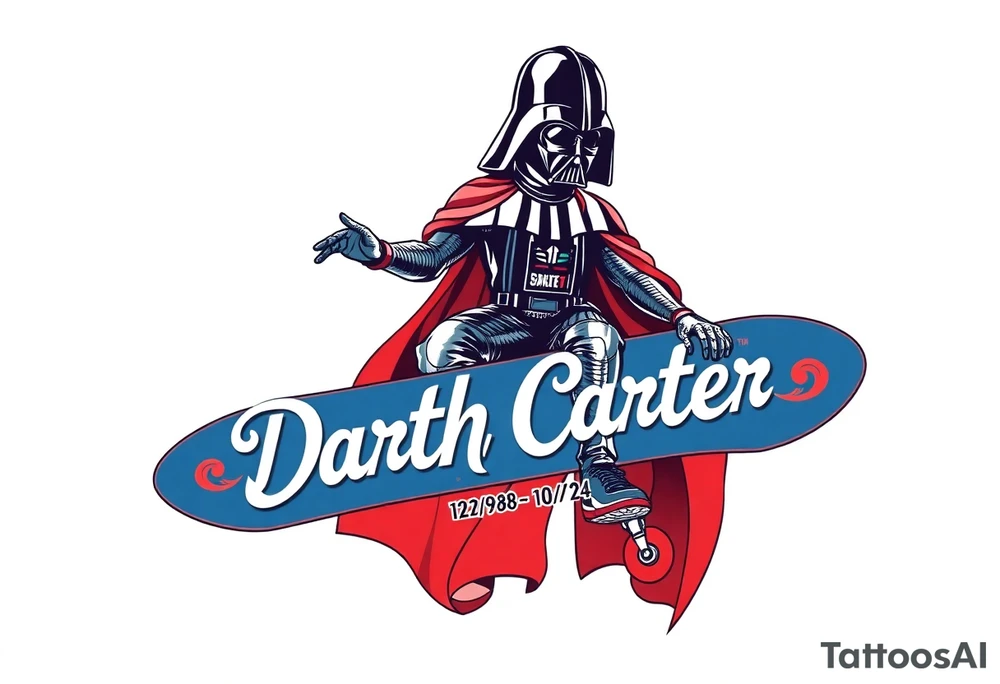 Darth Vader skateboarding >
blue & red
skateboard say "Darth Carter"
12/29/88-01/06/24 tattoo idea