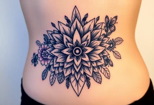 psychedelic  tattoo with crystals and  mandala style flowers and mushrooms bugs tattoo idea