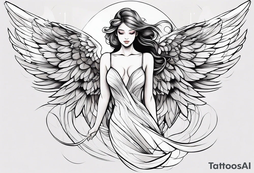 angel woman with big wings full body flying on the sky tattoo idea