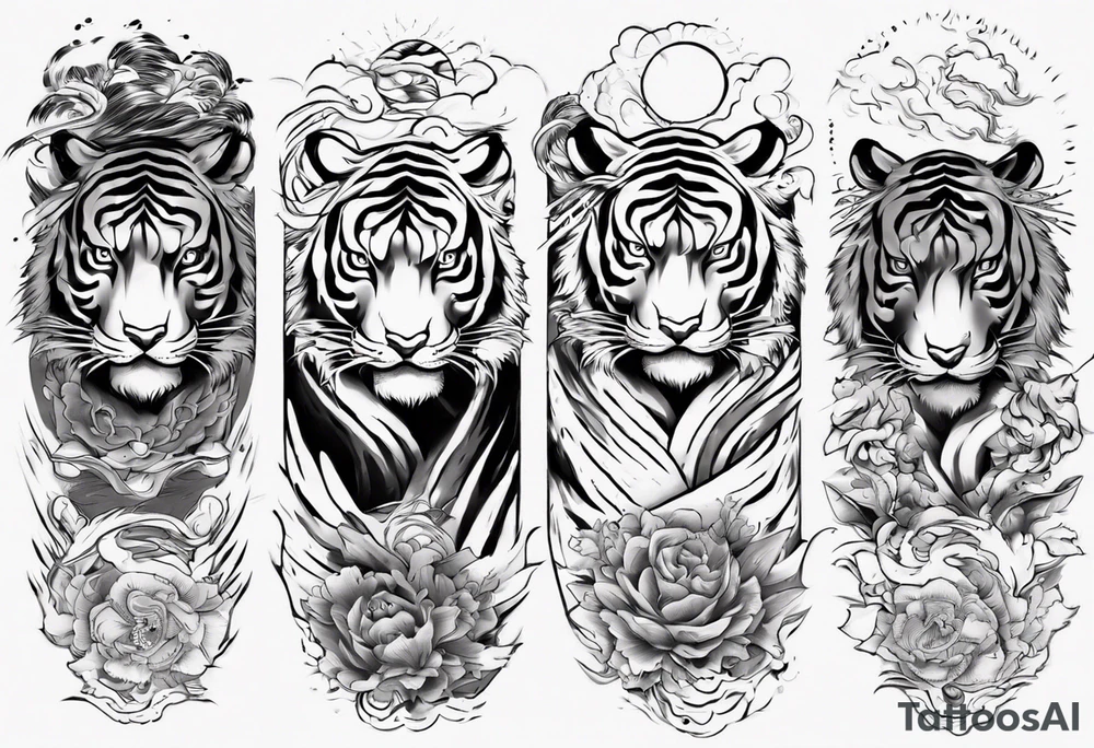 Ancient tiger with lightning and a sun for a forearm sleeve. With patterns surrounding it tattoo idea