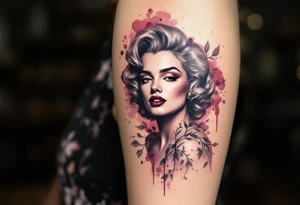 Full upper-body Monroe tattoo in elegant black and white with a deep burgundy background. tattoo idea