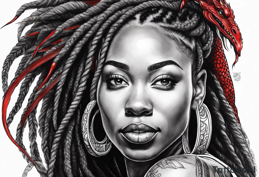 Black woman with locs and red dragon tattoo idea