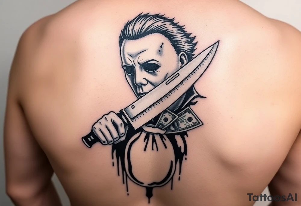 Scary Micheal Myers with a bloody knife with a extended magazine and money bag full of money tattoo idea
