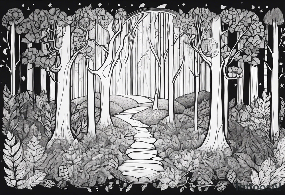 Draw me a Magical forest with s lot of trees tattoo idea