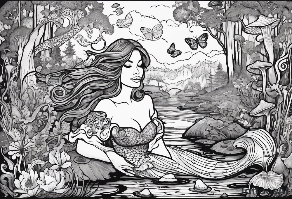 A Mermaid singing in a bayou that has cypress trees, mushrooms, lily pads, frogs, and bugs tattoo idea