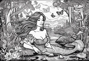 A Mermaid singing in a bayou that has cypress trees, mushrooms, lily pads, frogs, and bugs tattoo idea