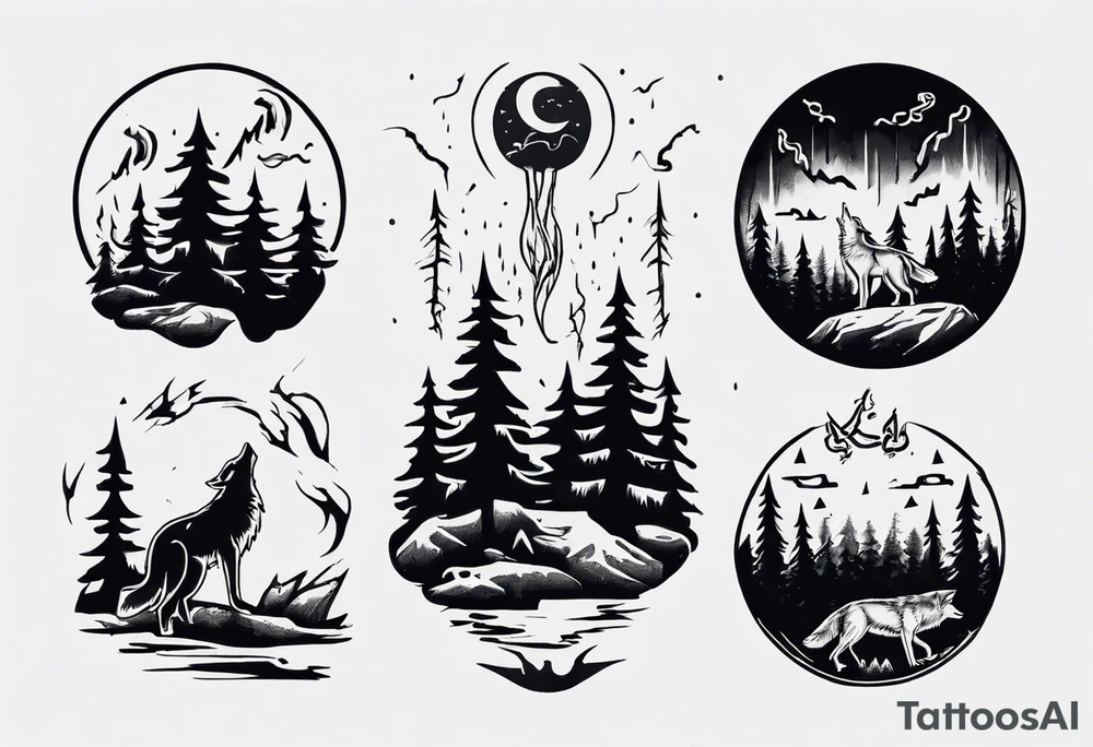thunderstorm over a forest with a wolf howling on drums tattoo idea thunderstorm over a forest with a wolf howling on drums tattoo idea
