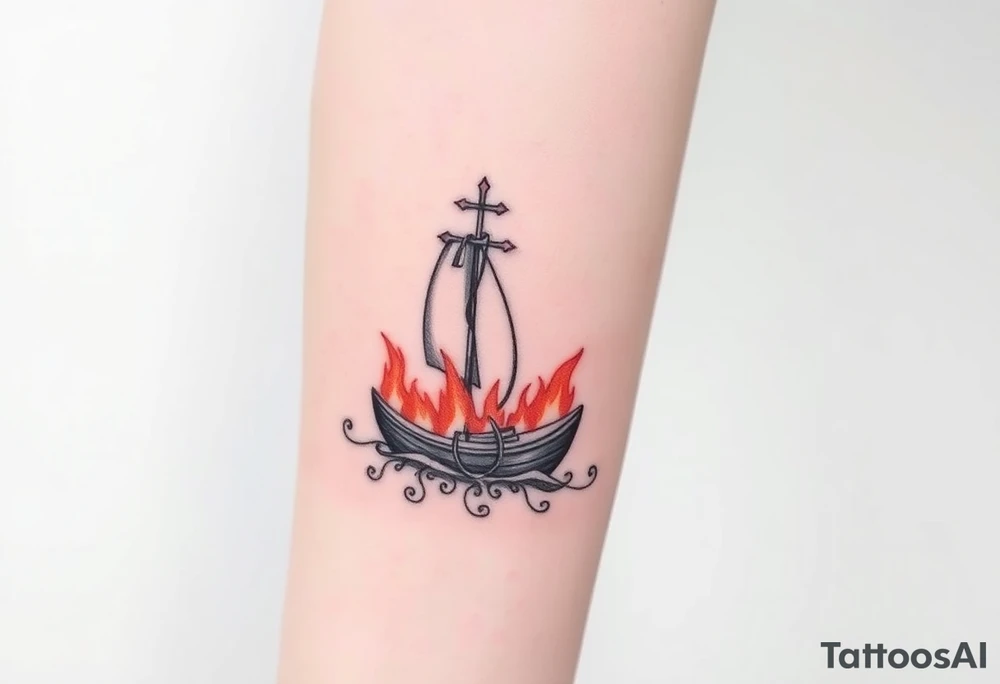 Boat on fire with cross as mast tattoo idea