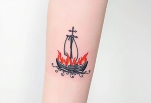 Boat on fire with cross as mast tattoo idea