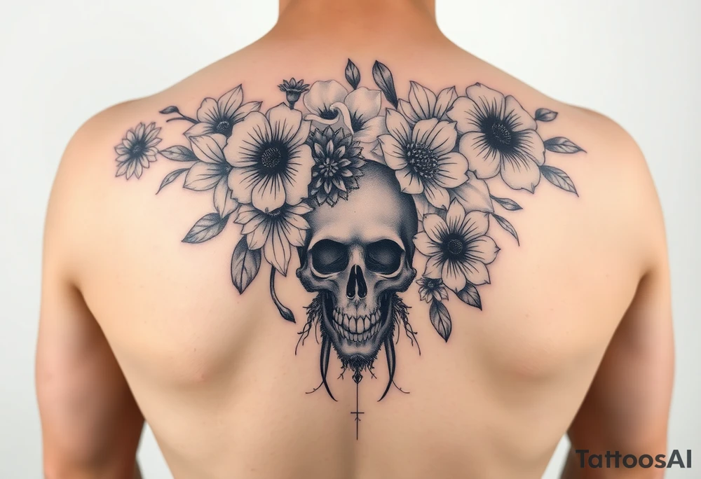 Half sleeve of feminine florals with daisies, poppies, white narcissus, sweet peas, gladiolus with a skull tattoo idea