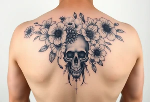 Half sleeve of feminine florals with daisies, poppies, white narcissus, sweet peas, gladiolus with a skull tattoo idea