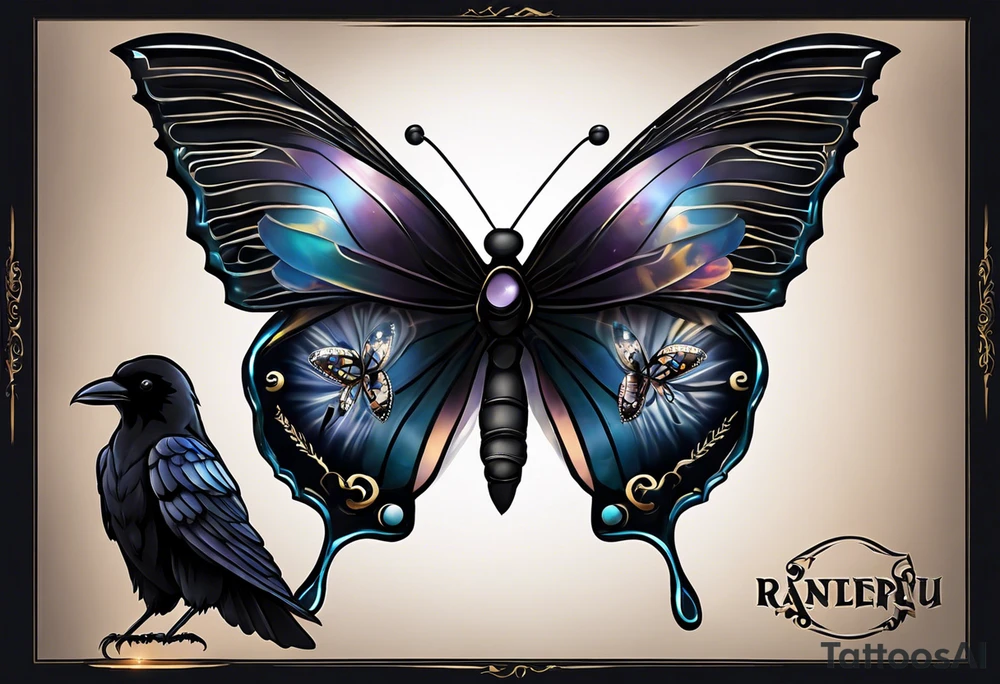A butterfly flies. Below the butterfly, a raven flies.
The butterfly and the raven are the same size
In the background is the name Malia.
In the background is the name SKF.
The number 89 can be seen in the background.
There is also a scorpion in the wing of the butterfly.
This tattoo is black and white and on the arm. tattoo idea