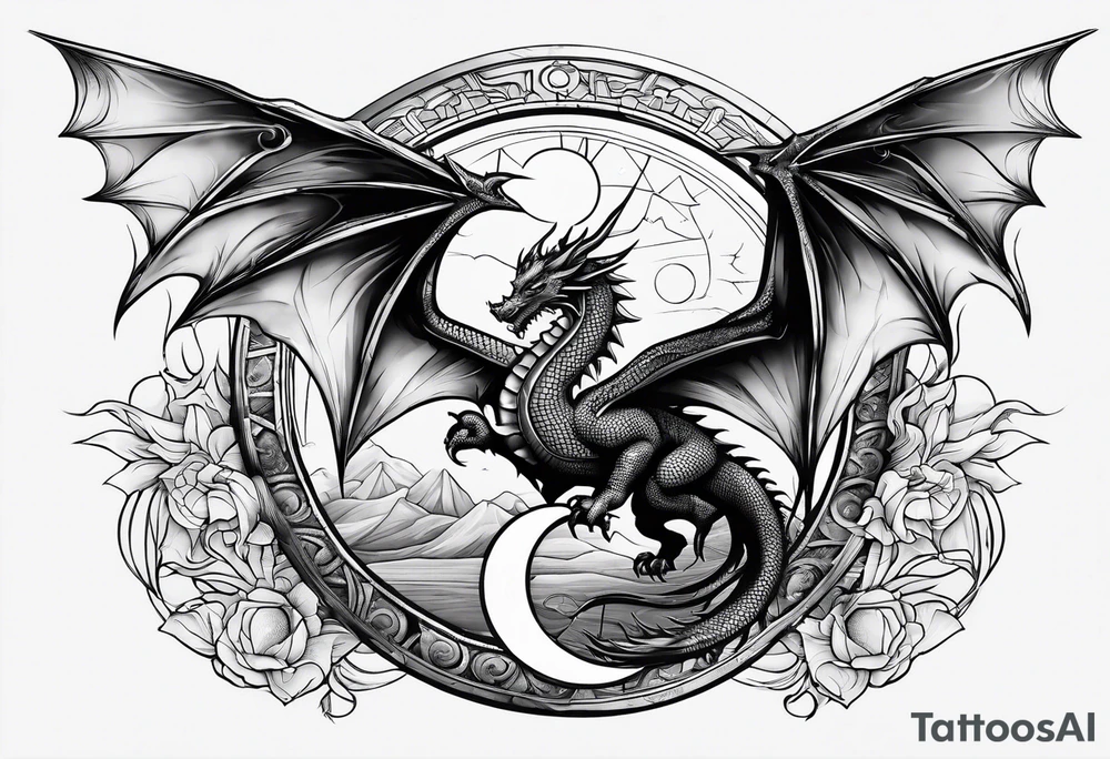 Dragon roman empire structures straight lines sun moon tattoo idea Dragon roman empire structures straight lines sun moon tattoo idea