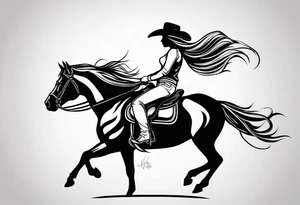cowgirl with long hair on the back of galloping stallion. She is holding her cowboy hat on her head with one hand and the reins with the other hand tattoo idea