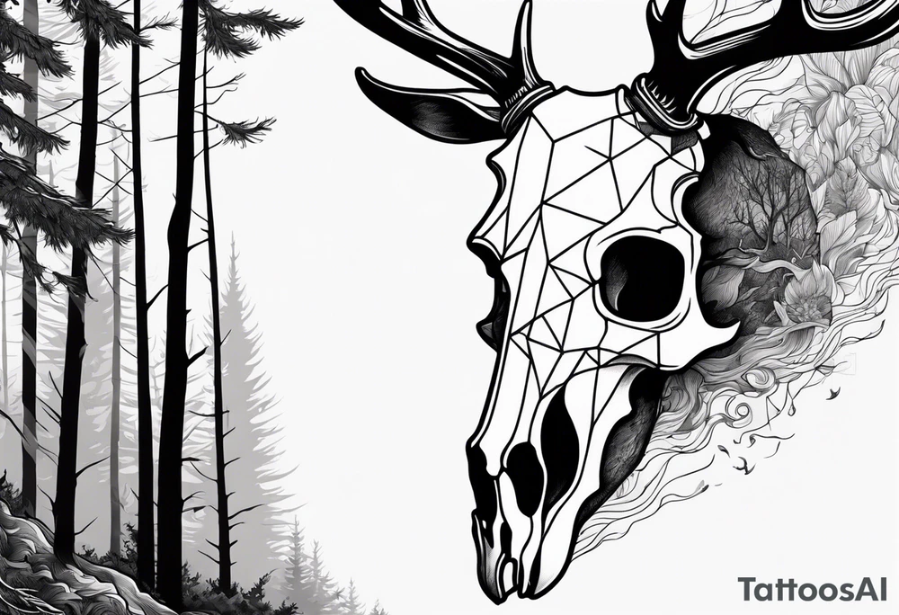 scary side view of a DECAYING deer skull JUST BONE surrounded by a forest fire in background tattoo idea