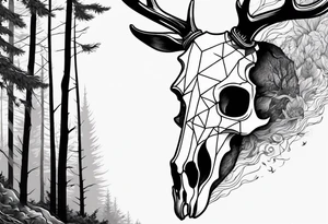 scary side view of a DECAYING deer skull JUST BONE surrounded by a forest fire in background tattoo idea