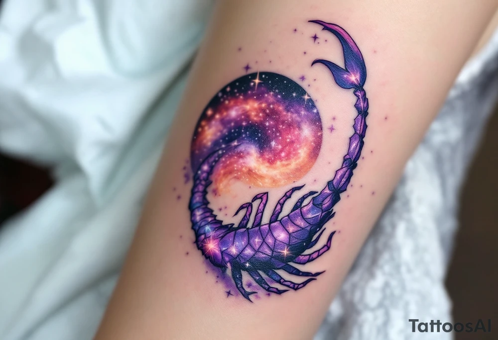 The hooked tail of Scorpius with amethyst hues as it circles the heart of the Milky Way along Scorpius star constellation tattoo idea