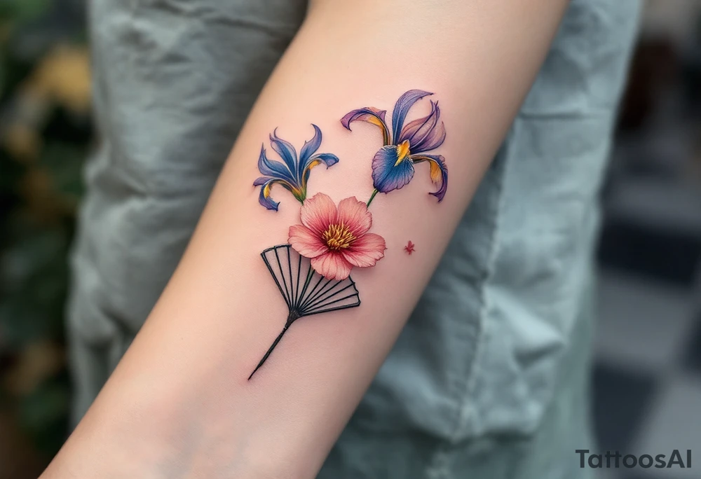Irises flowers and cherry blossom on a fan tattoo idea