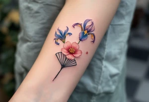 Irises flowers and cherry blossom on a fan tattoo idea