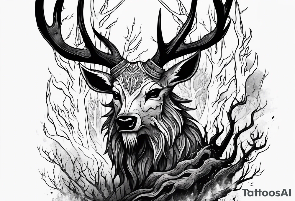 A spooky decaying lore accurate wendigo surrounded by a forest fire in background tattoo idea