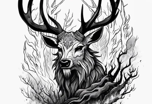 A spooky decaying lore accurate wendigo surrounded by a forest fire in background tattoo idea