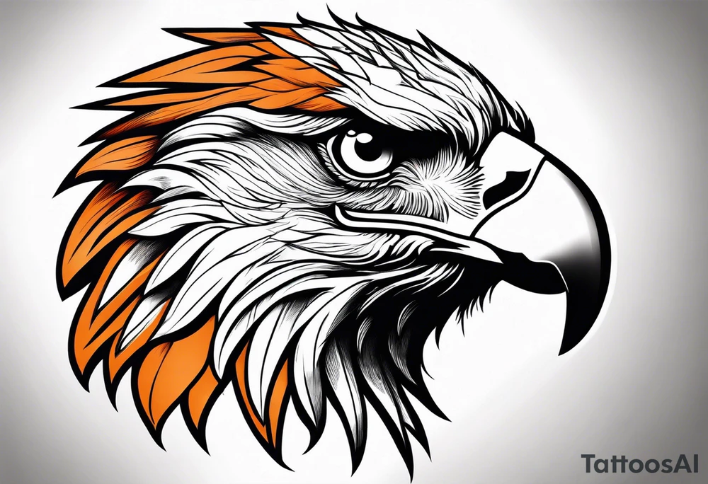 powerful eagle head with orange tone sleeve tattoo idea