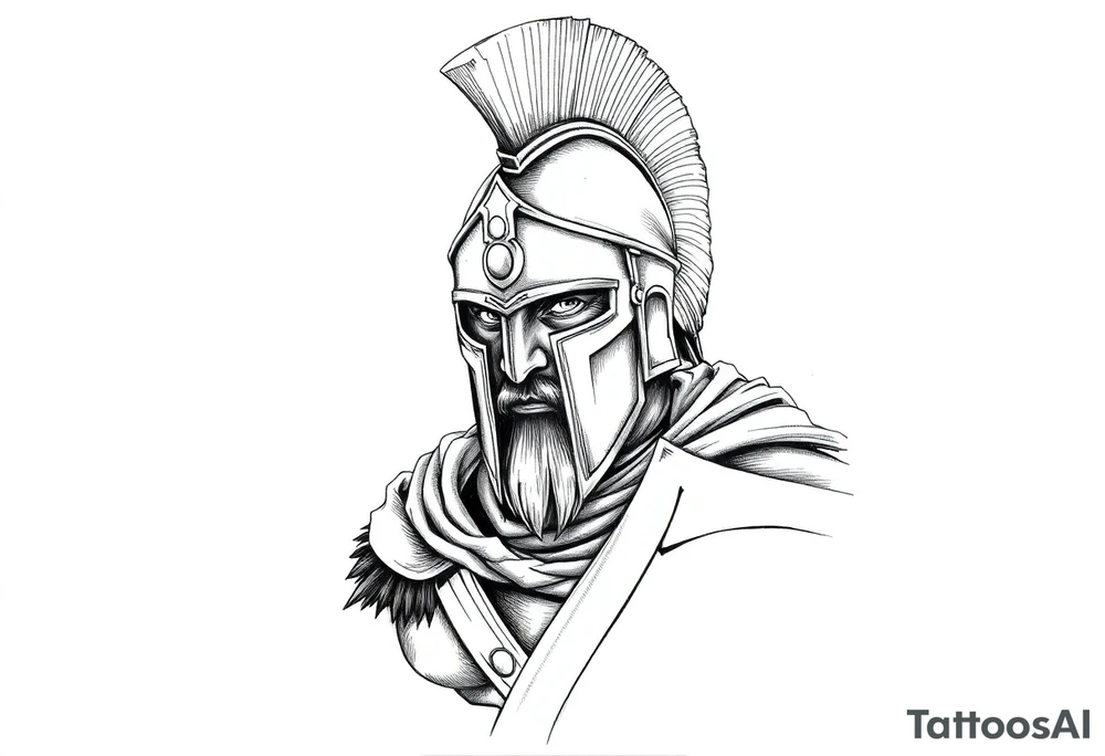 Spartan soldier, stoic face, holding a spear and shield, realism style. tattoo idea