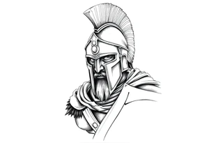 Spartan soldier, stoic face, holding a spear and shield, realism style. tattoo idea