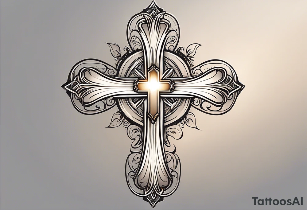 Tattoo: A refined cross with a soft halo on top of it, symbolizing light and spirituality. Delicate rays extend outward from the halo, adding a subtle glow and depth. The cross itself is simple and elegant, with potential for small, intricate line details within the design. tattoo idea