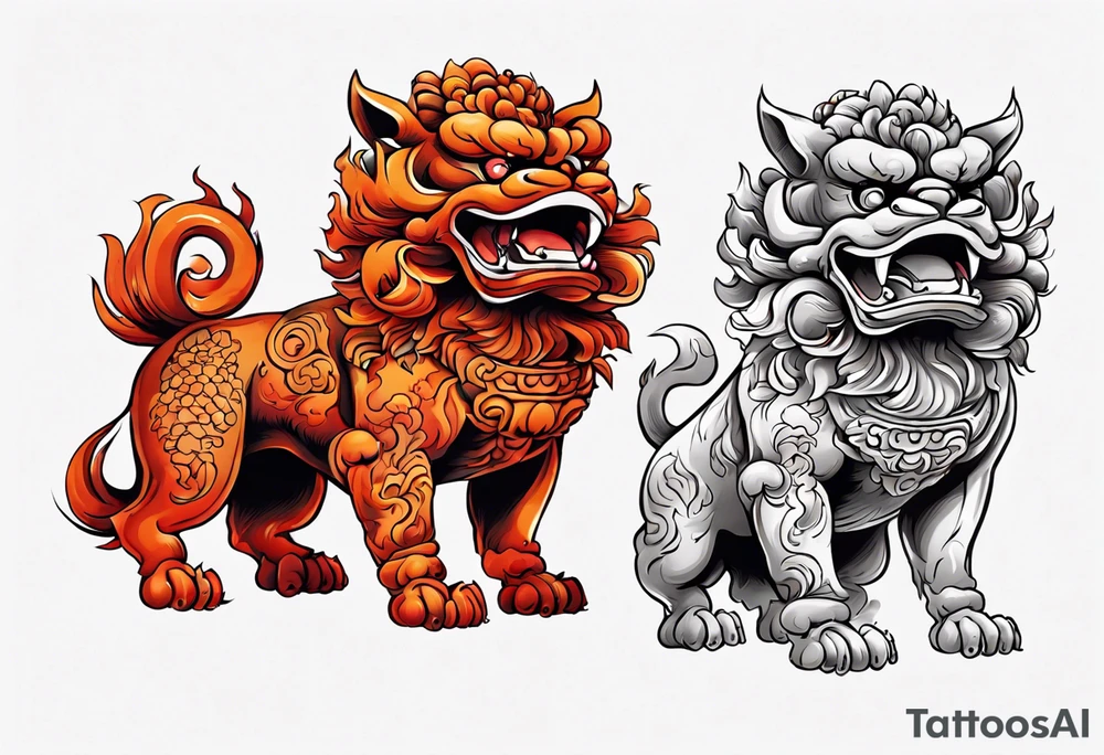 Red and orange Okinawa shisa dogs pair. One with mouth open, one with mouth closed. chest piece tattoo idea