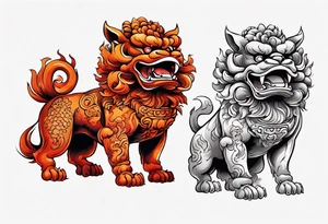 Red and orange Okinawa shisa dogs pair. One with mouth open, one with mouth closed. chest piece tattoo idea