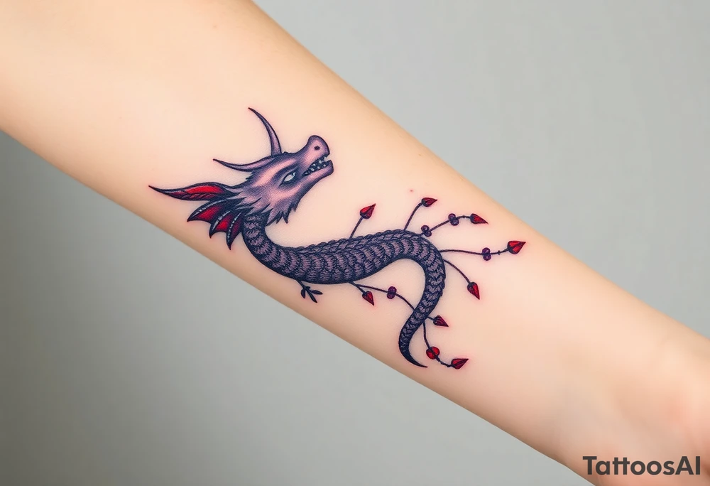 A bracelet wrapped around the arm dragon with purple and red tones, feathers and vines
Include bead WORK and lines tattoo idea