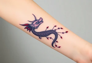 A bracelet wrapped around the arm dragon with purple and red tones, feathers and vines
Include bead WORK and lines tattoo idea
