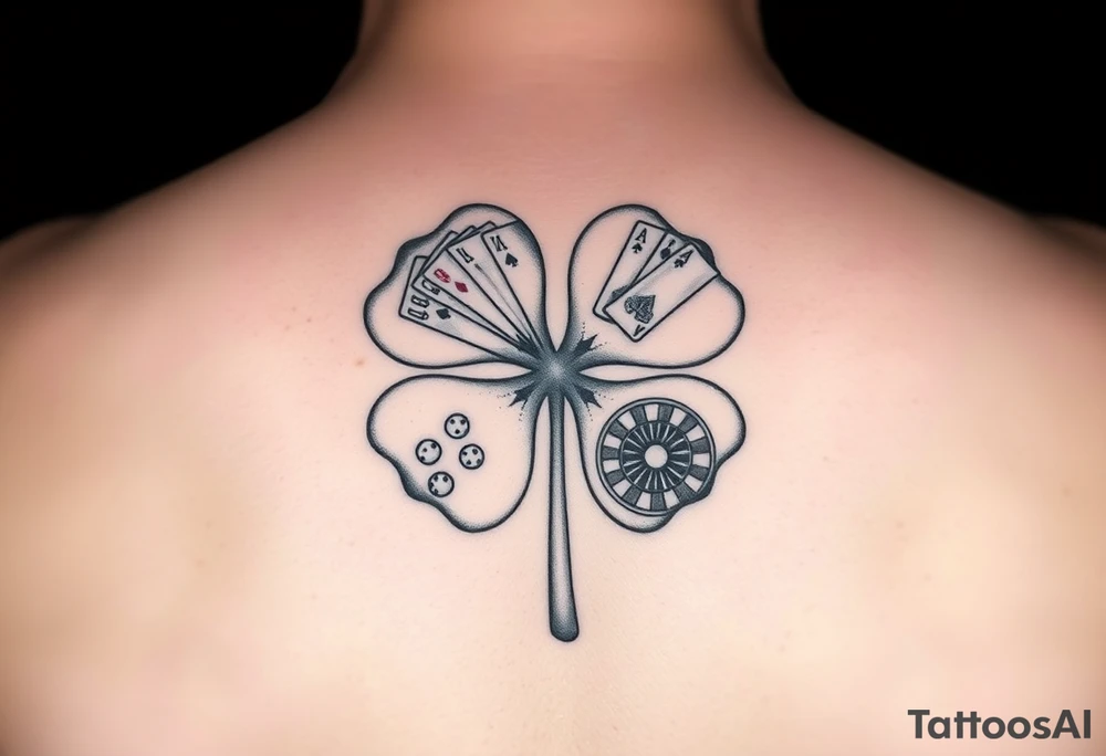 A four-leaf clover with a slot machine, a pack of cards, a pair of dice, and a roulette table in each leaf tattoo idea