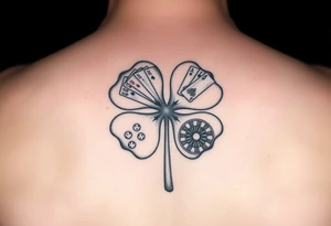 A four-leaf clover with a slot machine, a pack of cards, a pair of dice, and a roulette table in each leaf tattoo idea