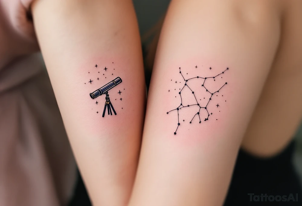One wears a telescope facing the stars, the other a constellation in delicate white ink on deep navy skin, forming a shared universe. tattoo idea