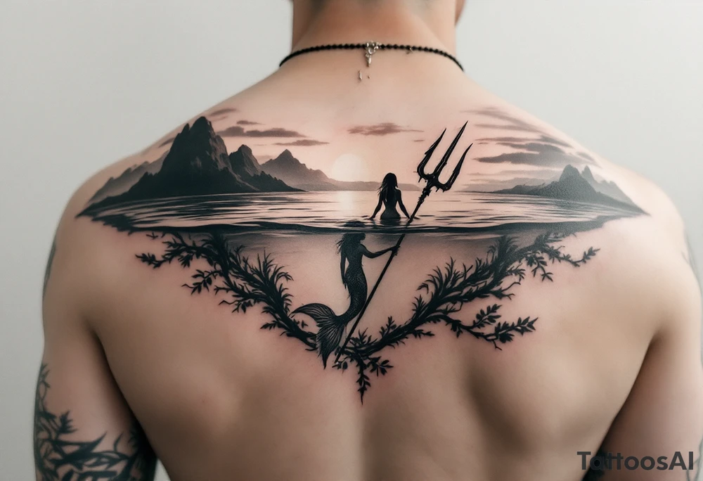 trident half way under calm water with mermaid at sunset tattoo idea