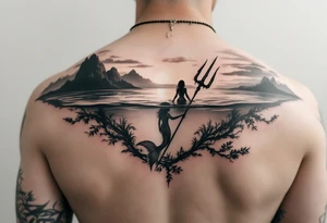 trident half way under calm water with mermaid at sunset tattoo idea