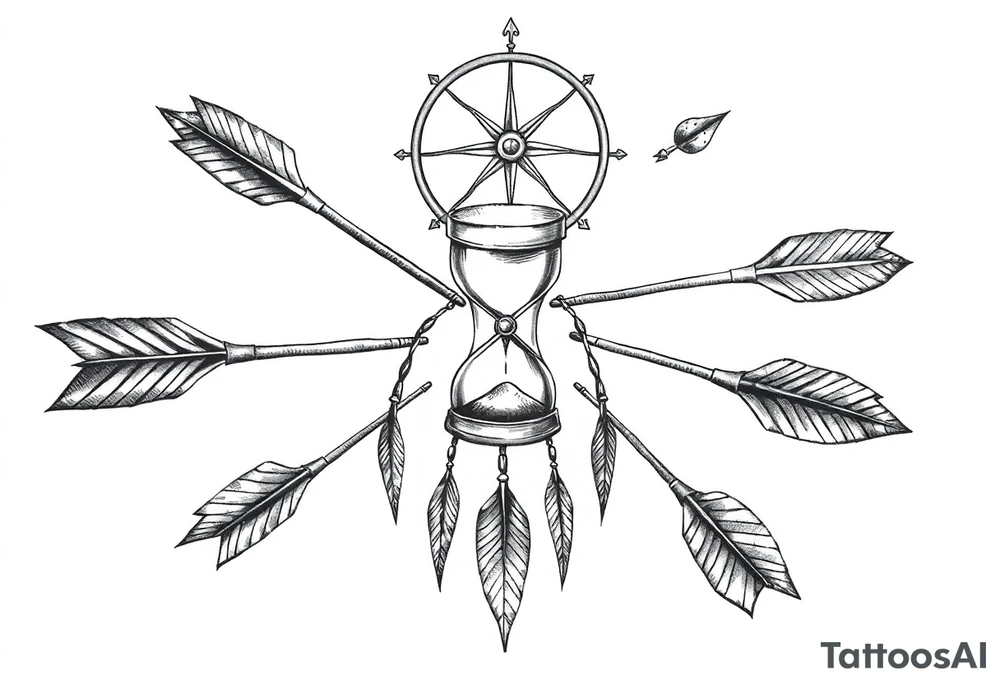 Detailed arrows pointing different ways with hourglass between and compass over top dream catcher circling the entire tattoo idea