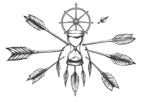 Detailed arrows pointing different ways with hourglass between and compass over top dream catcher circling the entire tattoo idea