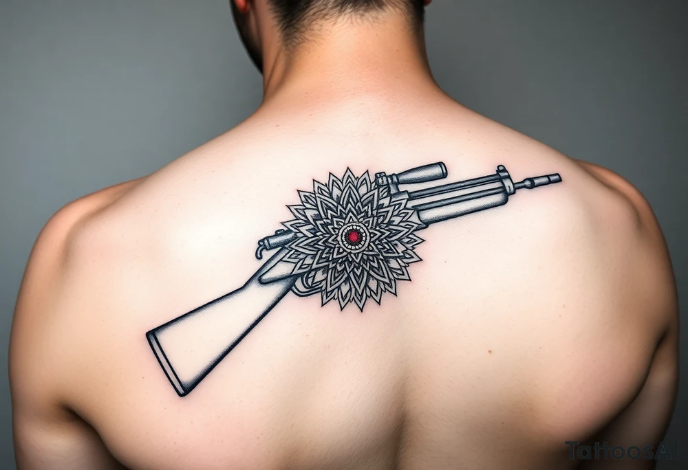"Minimalist machine gun tattoo: Maxim 1910 outline flows into Tibetan mandala. Red dot sight is a tiny mirror. Black ink, geometric style, 10cm length. tattoo idea