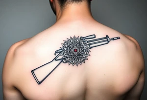 "Minimalist machine gun tattoo: Maxim 1910 outline flows into Tibetan mandala. Red dot sight is a tiny mirror. Black ink, geometric style, 10cm length. tattoo idea