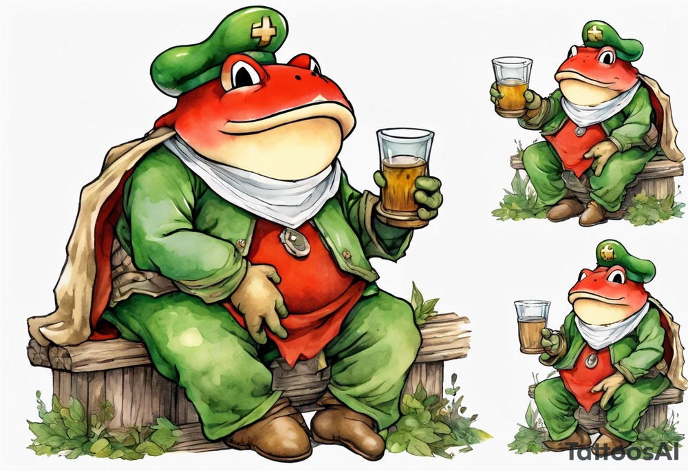 Toad from Super Mario Bros. with a long moss beard wearing a medieval tunic drinking from a wood cup, sitting on a bench laughing tattoo idea