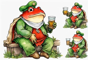 Toad from Super Mario Bros. with a long moss beard wearing a medieval tunic drinking from a wood cup, sitting on a bench laughing tattoo idea