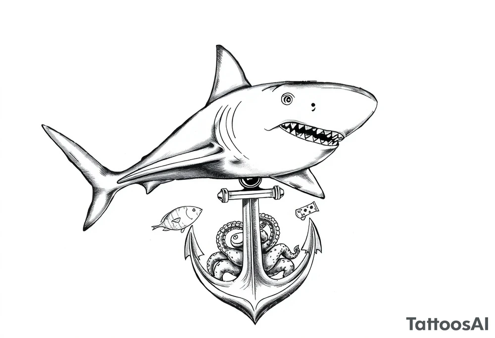 hammerhead-shark,under it an anchor,fishes,an octopus. tattoo idea